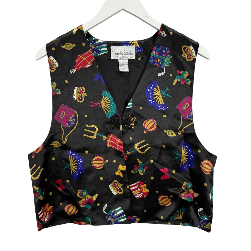 Vintage Diane Von Furstenberg Silky Vest Size M Black Crown Fan Victorian